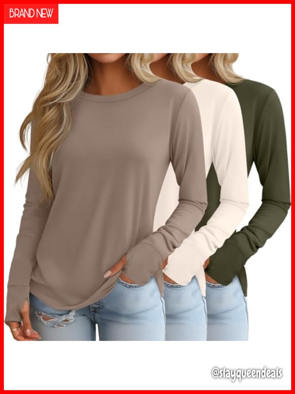 Womens 3 Pack Long Sleeve Cotton Shirts with Thumb Holes Crew Neck Tunic